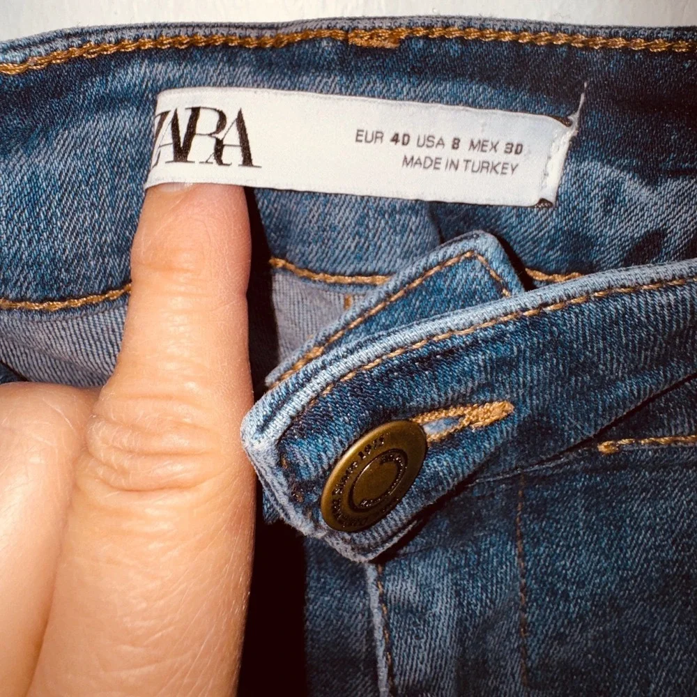 Zara Denim Wear Skinny Jeans Medium Wash Embroidered Side Stripe Red Blue Size 8